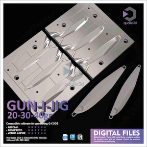 Könnte beinhalten: Digitales Bild eines Metall-Jig-Formteils mit dem Text "GUN-I-JIG 20-30-40gr". Das Bild zeigt die Form und mehrere Metall-Jigs. Das Bild enthält auch den Text "DIGITAL FILES".