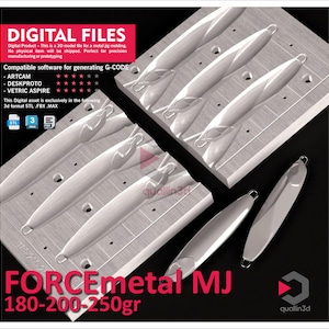 Może przedstawiać: Plik cyfrowy do formowania metalowych szablonów. Obraz przedstawia kilka białych form szablonów metalowych w szarej formie. Tekst na obrazie mówi "DIGITAL FILES" i "FORCEmetal MJ 180-200-250gr". Obraz pokazuje również kompatybilne oprogramowanie do generowania G-CODE.
