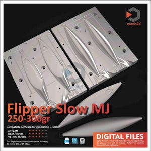 May include: A digital file for a metal jig molding. The image shows a set of silver-colored molds with a streamlined design, along with the text "Flipper Slow MJ 250-300gr." The file is compatible with software for generating G-CODE.
