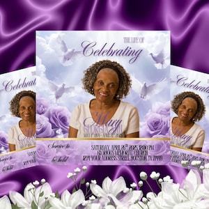 Purple Roses Memorial Funeral Flyer, Funeral Invite Invitation, Funeral Announcement Template, Digital Funeral Announcement, Canva Editable