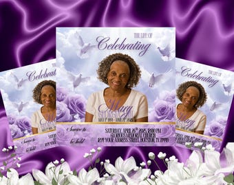 Volante funerario conmemorativo de rosas moradas, invitación para funeral, plantilla de anuncio funerario, anuncio funerario digital, editable en Canva