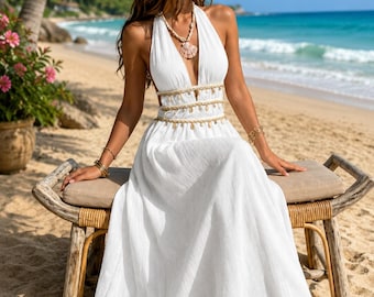 Open Back Linen Dress with Spaghetti Straps Summer Maxi Trapeze Dress
