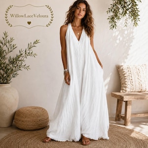 Boho-Maxi-Jumpsuit, ärmelloser Jumpsuit mit weitem Bein, lockerer Jumpsuit aus Mischgewebe, Sommeroutfit