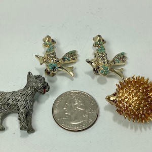 Vintage Enamel Terrier Brooch, Rooster Pins, Rhinestone Porcupine Brooch - U Pick
