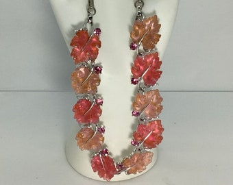 Rare Lisner Pink Oak Leaves Necklace with Pink Rhinestones