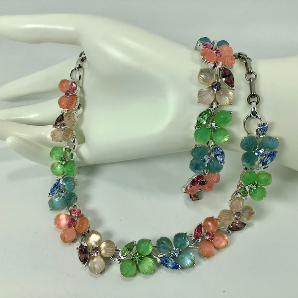 Lisner Lucite Pastel Flowers with Rhinestones Necklace and Bracelet - Lavender, Blue, Green, Pink