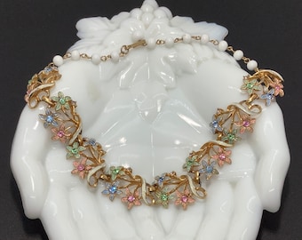 Sweet Vintage Floral Necklace with Pastel Rhinestones and Enamel - Pink, Blue, Green, Lavender, Choker, Romantic