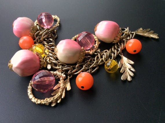 Fun Oversized Vintage Charm Bracelet - Pink, Oran… - image 4