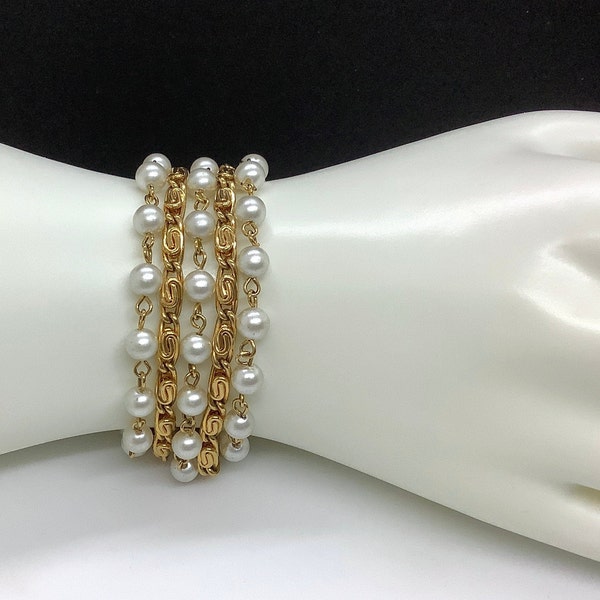 Vintage 5 Strand Faux Pearls and Gold Snail Chain Bracelet