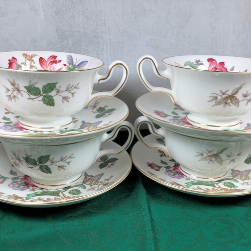 Set of Four Wedgwood Charnwood Bone China Peony shops Shape Cup and Saucers - Floral, Butterflies