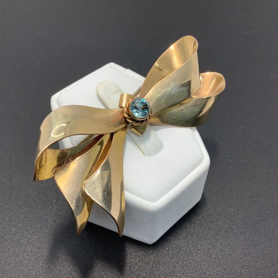 Rare Walter Lampl Gold Filled Bow Brooch with Blu… - image 1