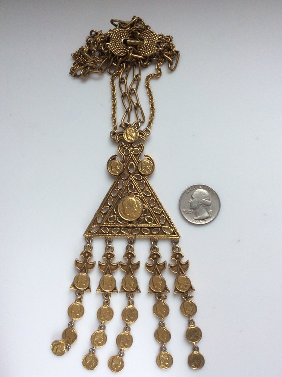 Goldette Triangle Pendant Necklace with Roman Coi… - image 4