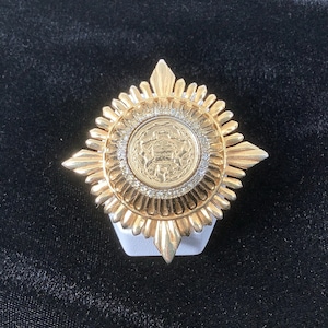 De Nicola Gold Domed Brooch and Pendant with Faux Coin Center and Clear Rhinestones