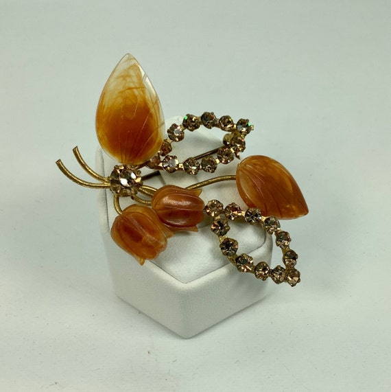 Vintage Carved Lucite Leaves and Flowers Brooch wi