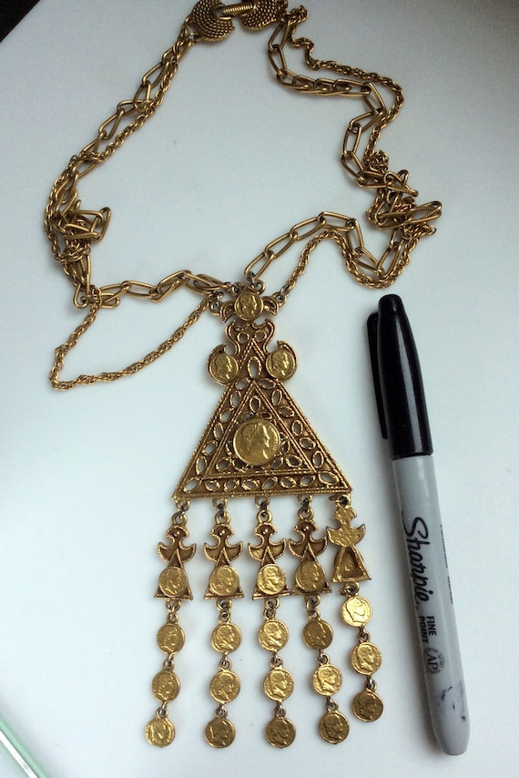 Goldette Triangle Pendant Necklace with Roman Coi… - image 7