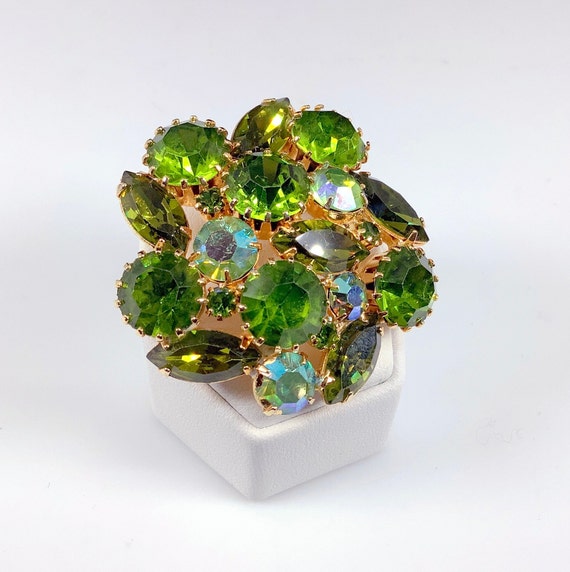 Sparkly Green and Gold Rhinestone Brooch - Olivine