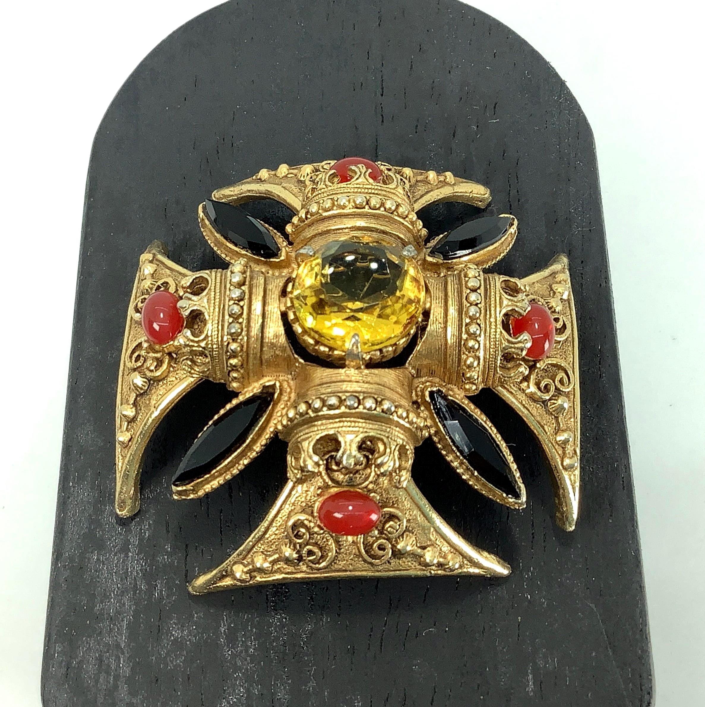FLORENZA ハンドメイド 花形ペンダント 金メッキ クリスタル Florenza Maltese Cross Gold Brooch/pendant With Yellow Rhinestone