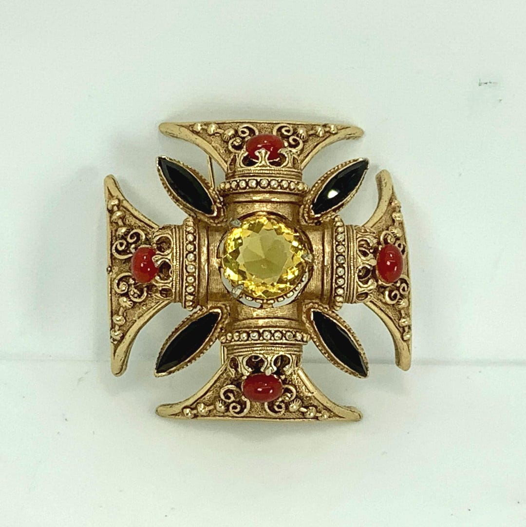 Florenza Maltese Cross Gold Brooch/pendant With Yellow Rhinestone