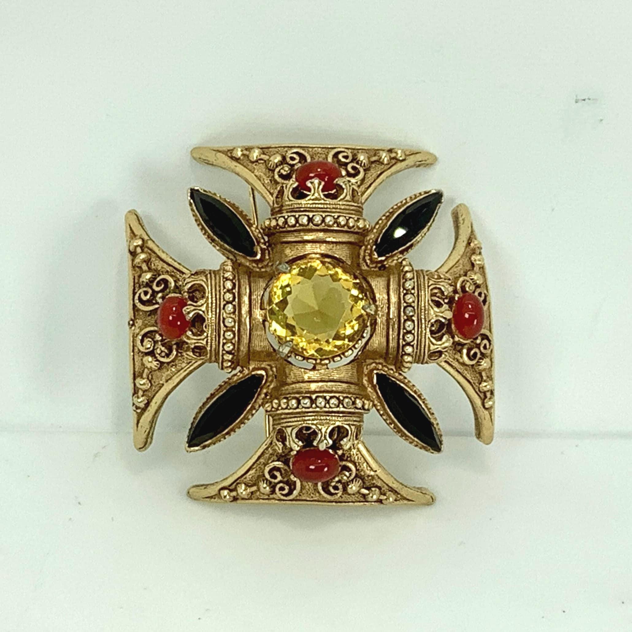 Florenza Maltese Cross Gold Brooch/pendant With Yellow Rhinestone