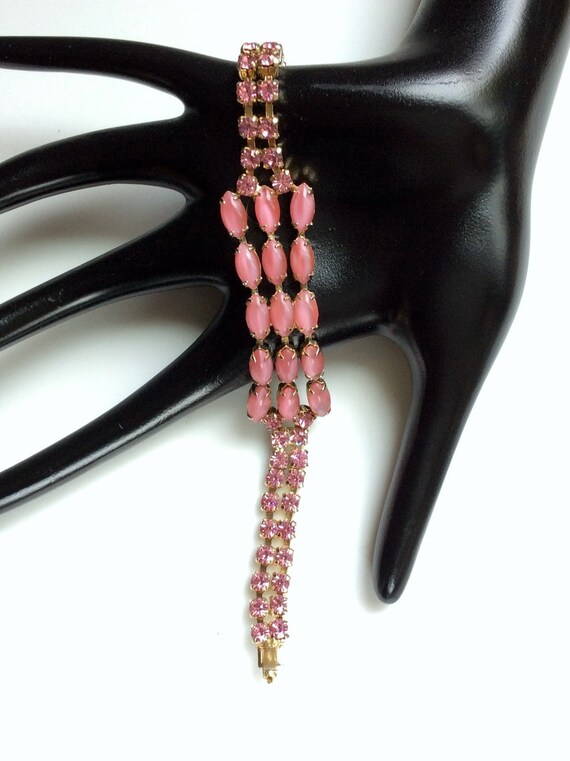 Pink Moonstone Rhinestone Bracelet - 1950s - image 2