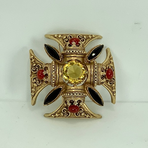 Florenza Maltese Cross Gold Brooch/Pendant with Yellow Rhinestone Center