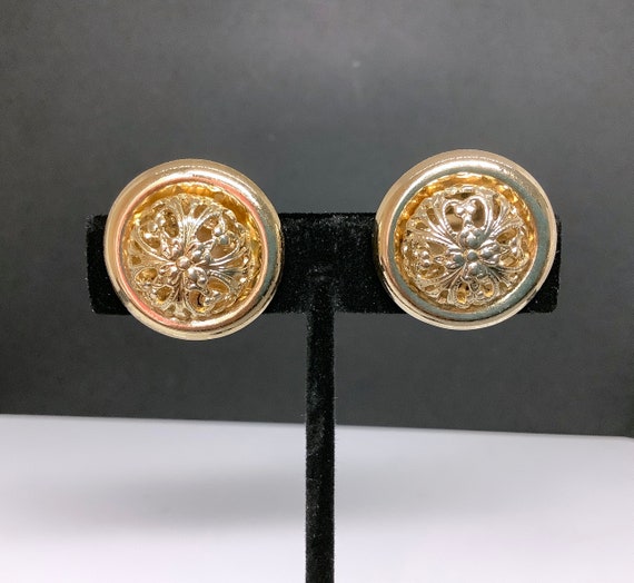 Vintage Napier Gold Filigree Button Earrings - Pa… - image 1