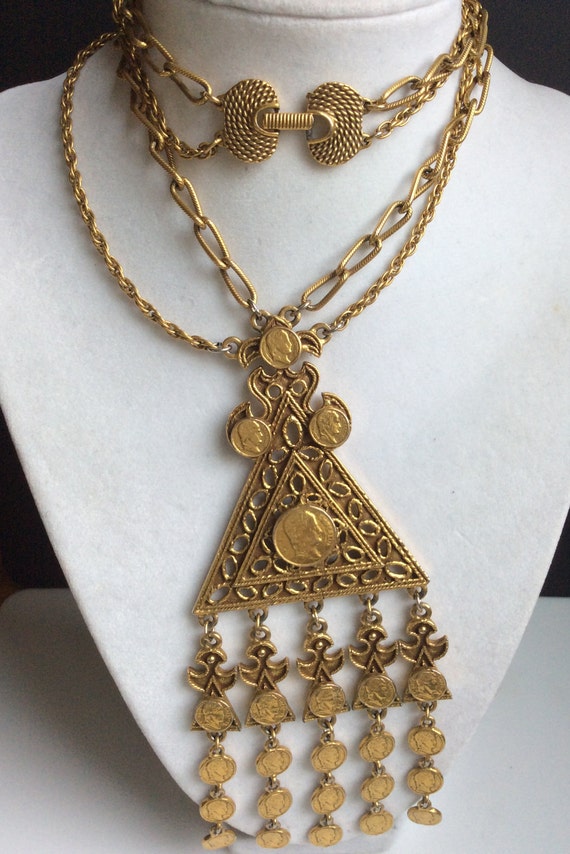 Goldette Triangle Pendant Necklace with Roman Coi… - image 2