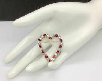 Clear and Red Rhinestone Heart Brooch