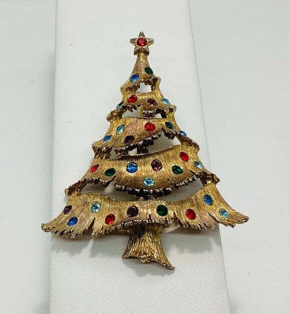 JJ Big Gold Christmas Tree Brooch with Rhinestone… - image 4