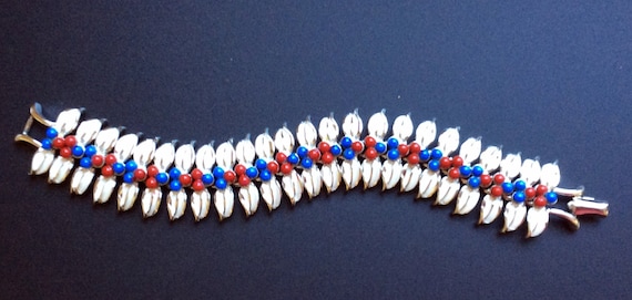 Coro White Enamel Bracelet with Red and Blue Beads - image 1
