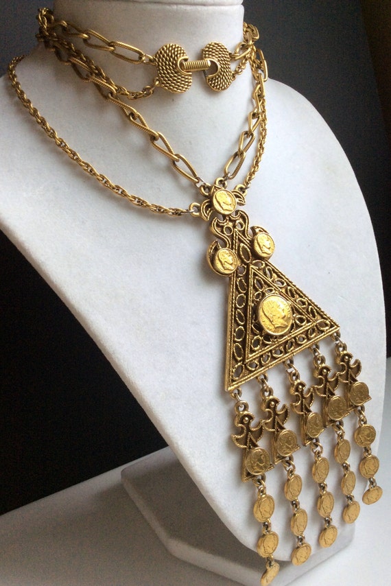 Goldette Triangle Pendant Necklace with Roman Coi… - image 6