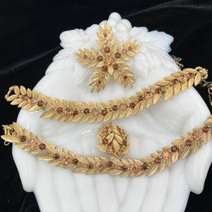 Vintage Lisner 5 Piece Set - Golden Leaves with light and Dark Brown Rhinestone - 1960s
