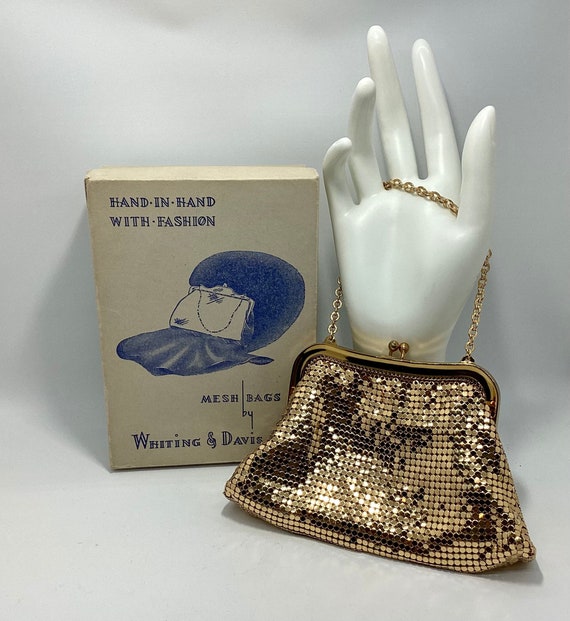 Vintage Whiting & Davis Gold Mesh Bag with Box an… - image 1