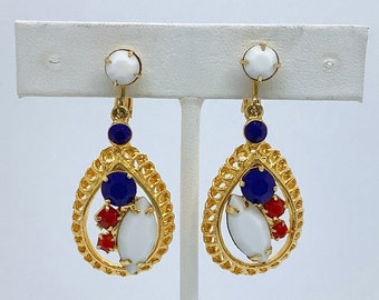 Red, White and Blue Drop Rhinestone Earrings - Opaque