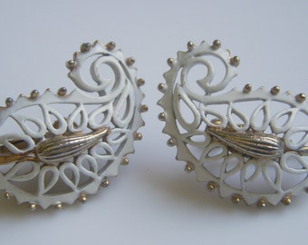 Vendome White Enamel and Gold Paisley Earrings