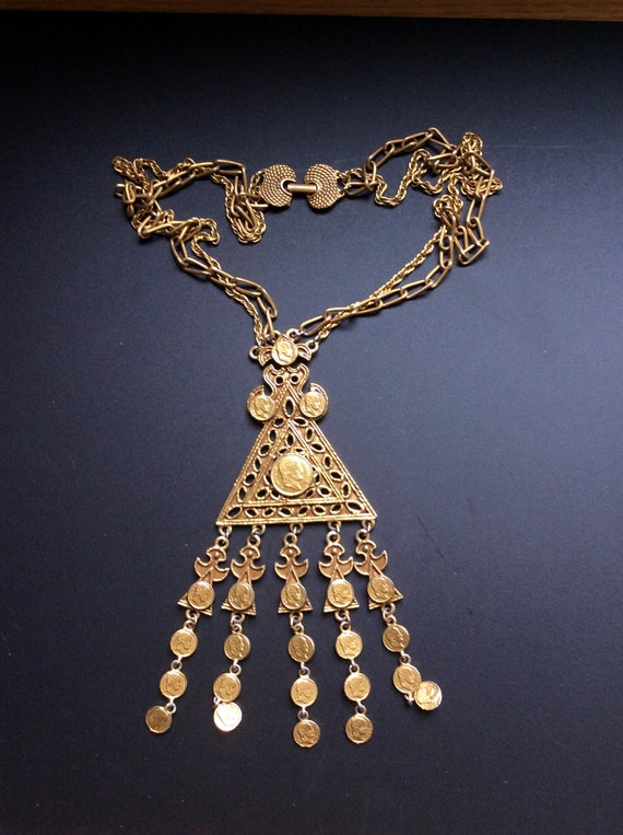 Goldette Triangle Pendant Necklace with Roman Coi… - image 1