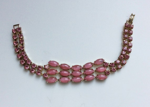 Pink Moonstone Rhinestone Bracelet - 1950s - image 4