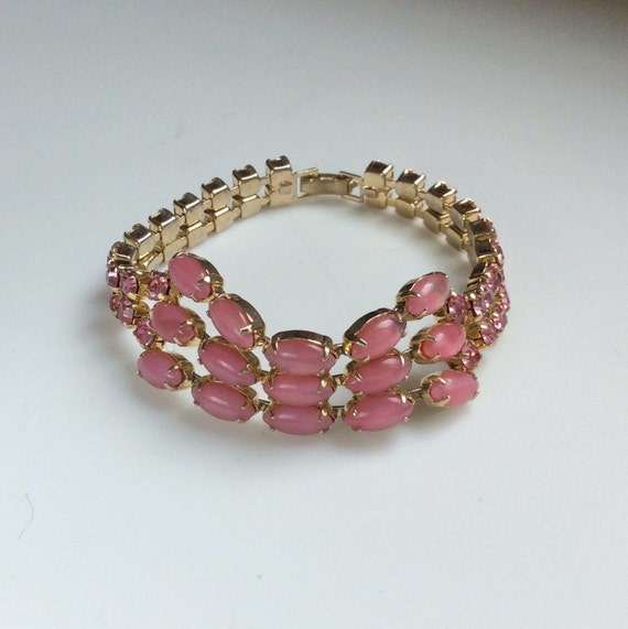 Pink Moonstone Rhinestone Bracelet - 1950s - image 1
