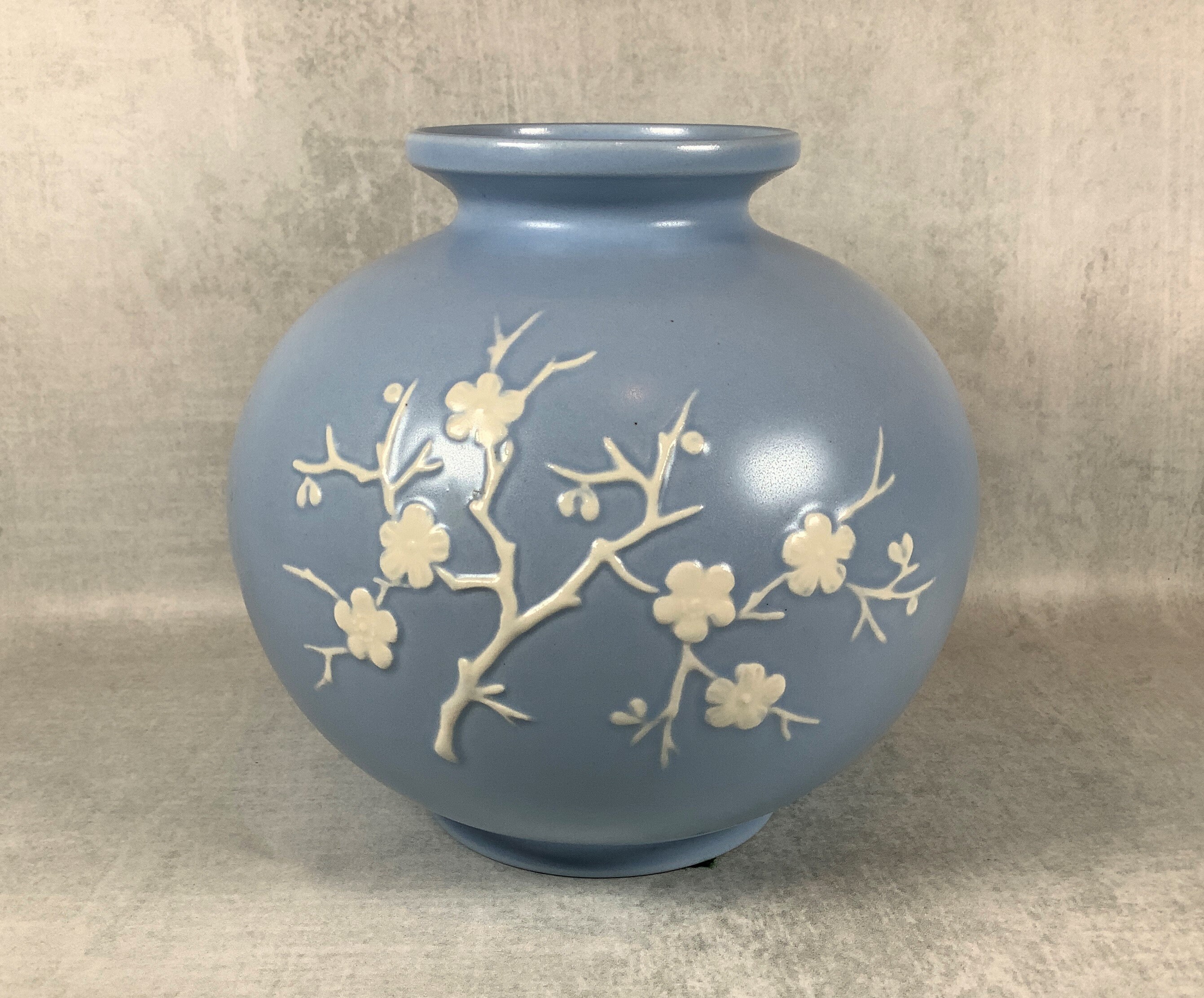 Copeland Spode Blue Vase With Raised White Cherry Blossoms Etsy