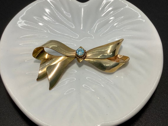 Rare Walter Lampl Gold Filled Bow Brooch with Blu… - image 2