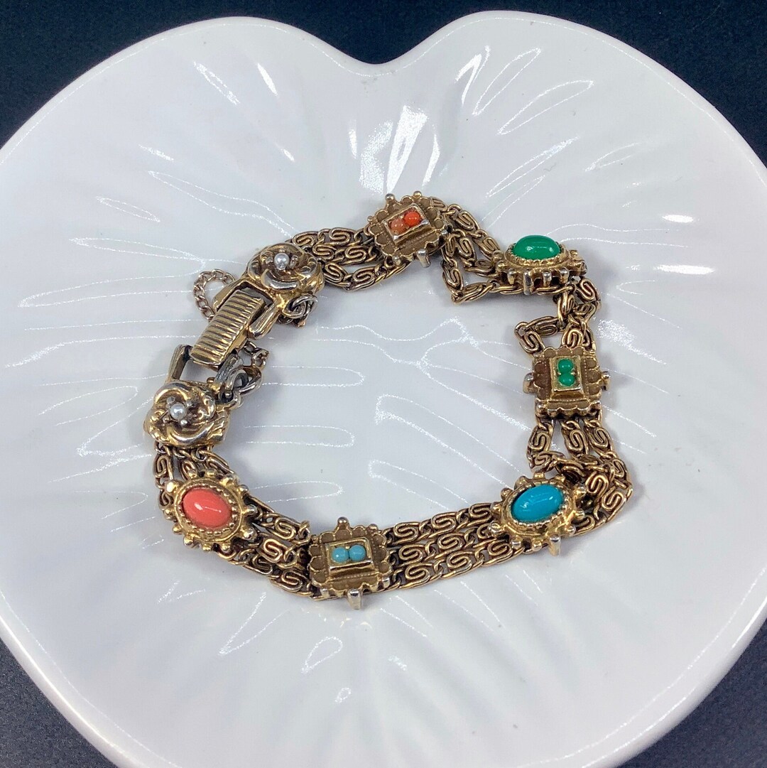 Goldette Three Strand Gold Bracelet With Coral and Turquoise Etsy