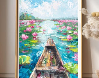 Indian Painting, Indian Wall Art, Kerala Lotus Lake Art, Abstract Boat View In Lake, Serene Backwater Art, Indian Nature, Printed & Shipped