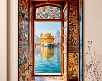 Indian Painting, Golden Temple Window View, Indian Wall Art, Punjab Amritsar Spiritual Decor, Indian Religious Print,  Printed & Shipped