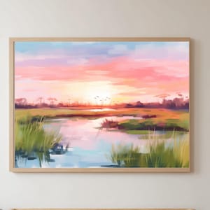 Marsh Sunset Painting, Coastal Wall Art, Beach House Printable Digital Art, Marsh Landscape, Low Country Art, Marsh Watercolor, Salt Marsh