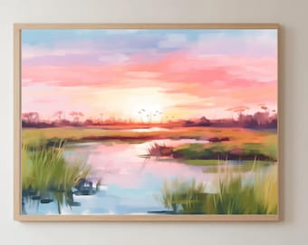 Marsh Sunset Painting, Coastal Wall Art, Beach House Printable Digital Art, Marsh Landscape, Low Country Art, Marsh Watercolor, Salt Marsh