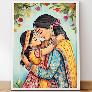 Peinture indienne, art mural indien, art maman et fille, amour de la famille indienne, cadeau fête des mères, art mère fille Desi, imprimé et expédié