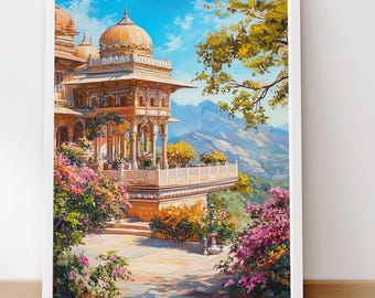 Indian Painting, Rajasthani Palace Oil Color Art, Indian Wall Art, Indian Moghul Architecture Art, Indian Heritage Decor, Jaipur Palace Art