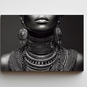 Afrocentric Wall Art, Bold African Tribal Jewelry Wall Art, Black and White Portrait Print, Black Woman Art, Modern Ethnic Fashion Poster