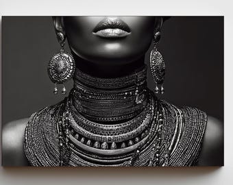 Afrocentric Wall Art, Bold African Tribal Jewelry Wall Art, Black and White Portrait Print, Black Woman Art, Modern Ethnic Fashion Poster