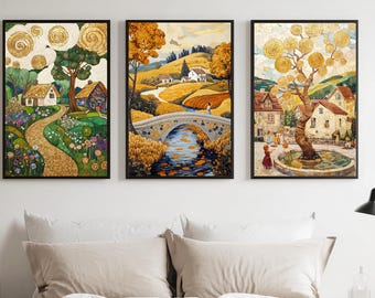 Gustav Klimt Print Set Of 3, English Village Wall Art, Gustav Klimt Poster, Gustav Klimt Wall Art, Klimt Village Art, Art Nouveau Printable